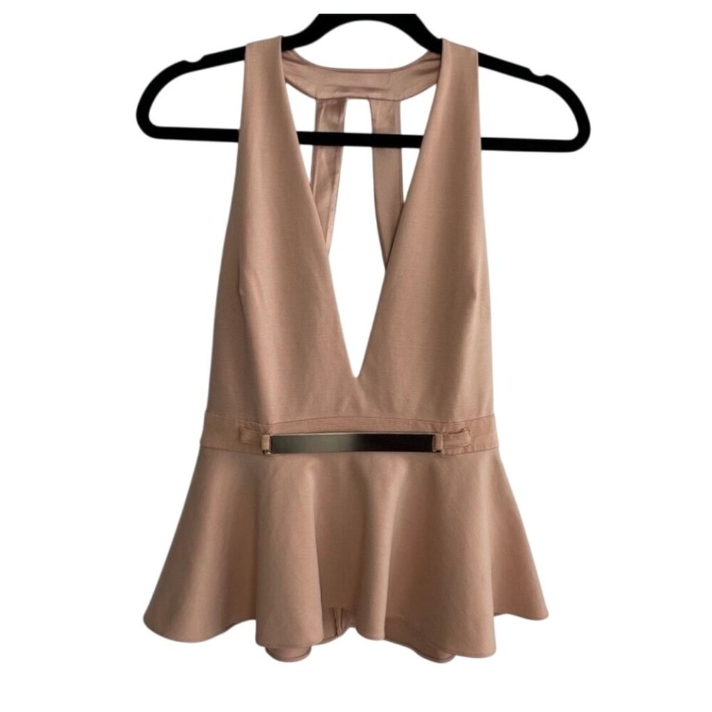 Marciano‎ Womens Dusty Pink Peplum Top Plunging Neckline Metal Detail Backless